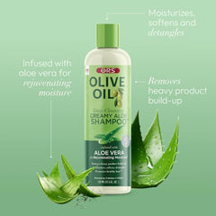 ORS Champú crema Aloe con aceite de oliva, aplicación en mano para desenredar suavemente.