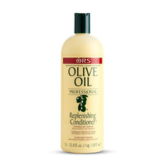 ORS acondicionador profesional con aceite de oliva, botella visible, cabello suave y brillante.