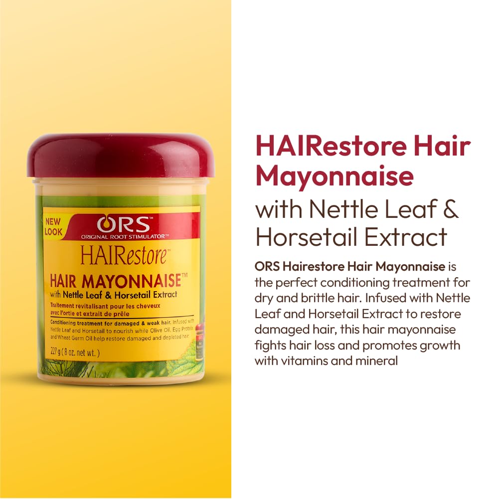 Cabello dañado recibido por ORS HairRestore Mayonnaise para fortalecimiento.