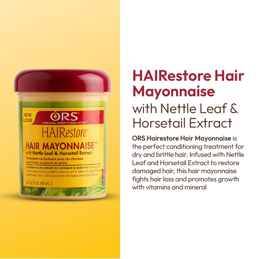 Cabello dañado recibido por ORS HairRestore Mayonnaise para fortalecimiento.