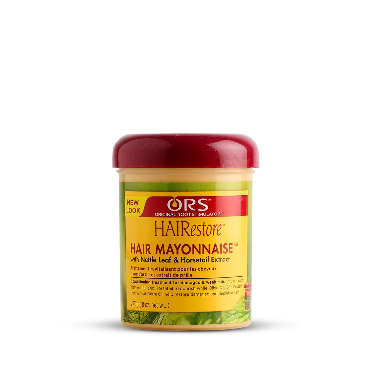 ORS HairRestore Mayonesa en frasco con hoja de ortiga y cola de caballo para cabello dañado.