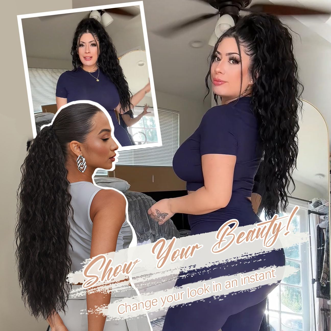 ORSUNCER cola cabello sintético negro de 30 pulgadas, apariencia realista.