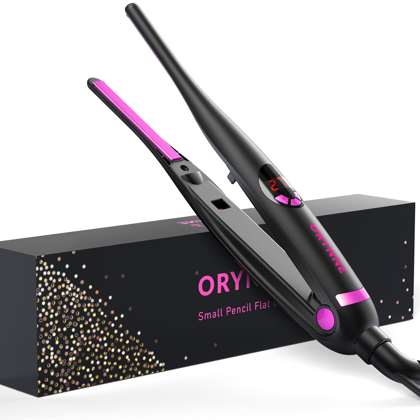 ORYNNE plancha mini para pelo corto, vista frontal, diseño compacto para retoques precisos.
