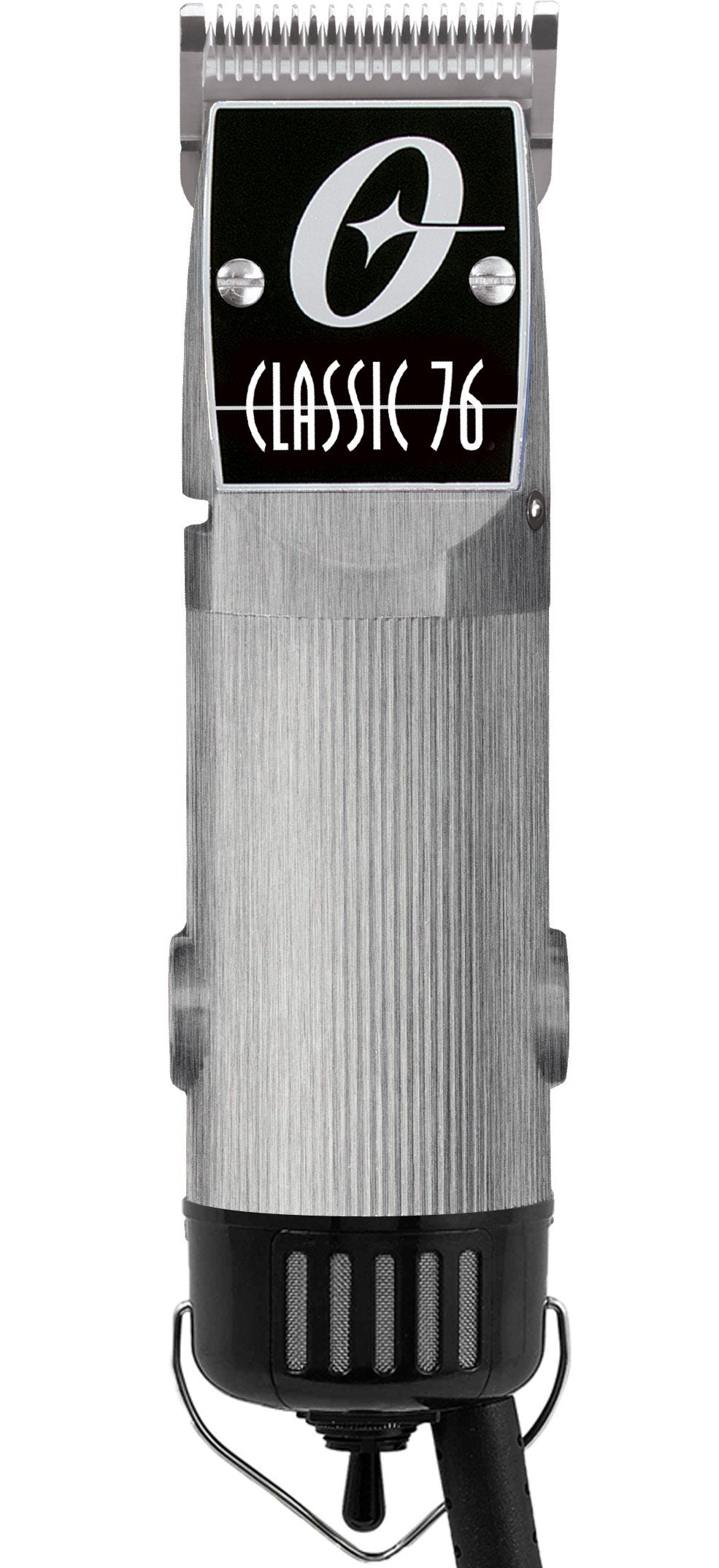 Tondeuse Oster Classique 76 au design aluminium brossé, idéale pour les salons professionnels.