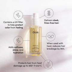 Aceite OUAI para cabello, enfoque en brillo lujoso y acabado suave.