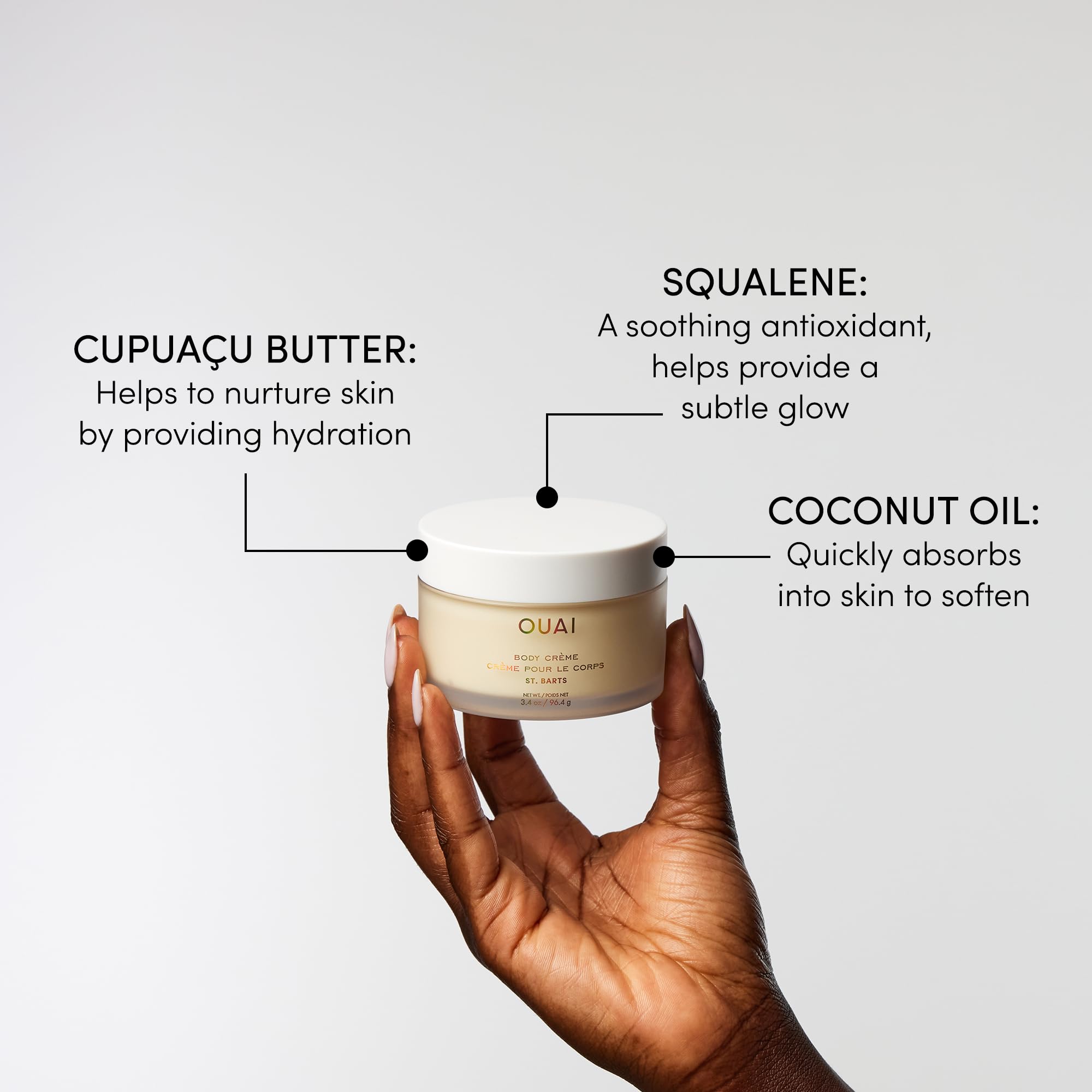 OUAI Body Crème con manteca-cupuacu brinda nutrición y suavidad a la piel.
