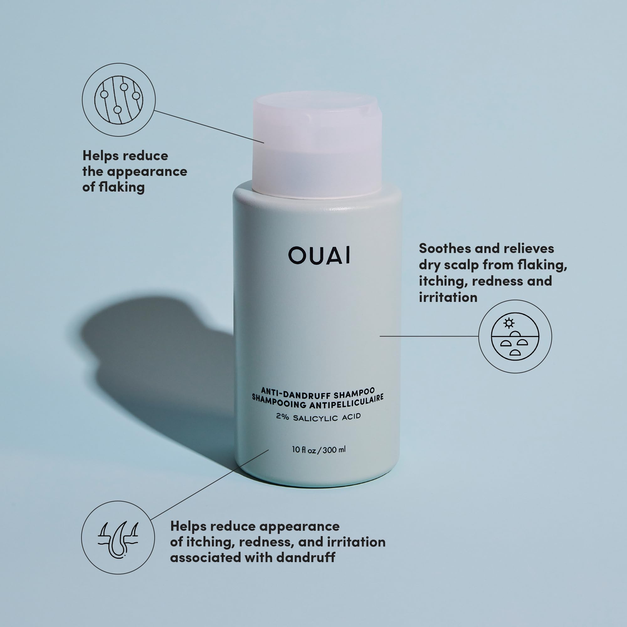 OUAI Champú Anticaspa textura-sin-sulfatos, fórmula suave para uso diario.