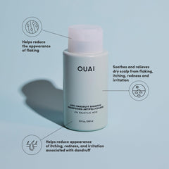 OUAI Champú Anticaspa textura-sin-sulfatos, fórmula suave para uso diario.