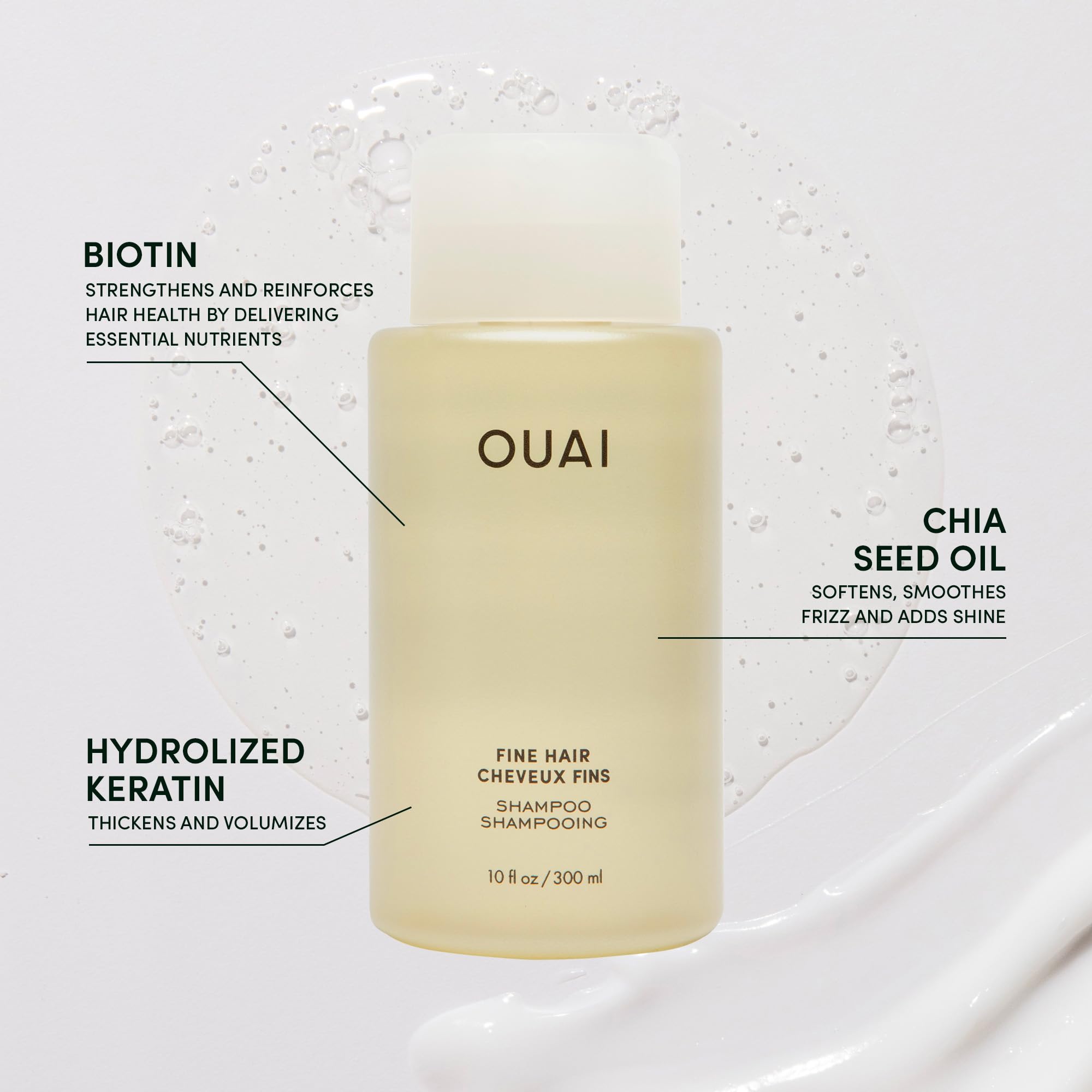 OUAI Champu Fino: espuma limpia suavemente y purifica el cabello fino.