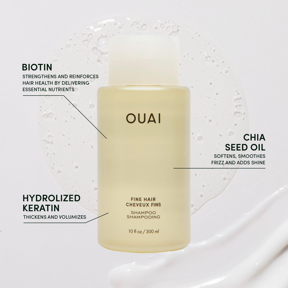 OUAI Champu Fino: espuma limpia suavemente y purifica el cabello fino.