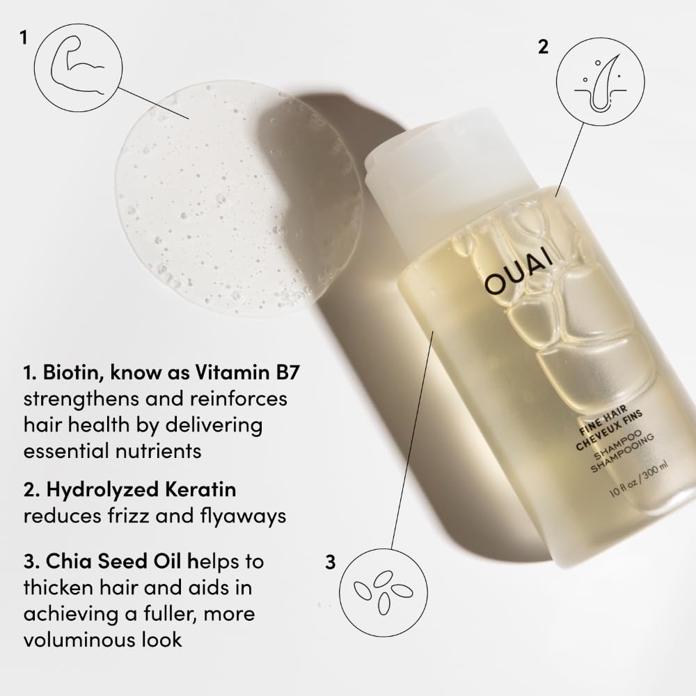 OUAI Champú Fino con keratina y biotina para cabello más fuerte y con cuerpo.