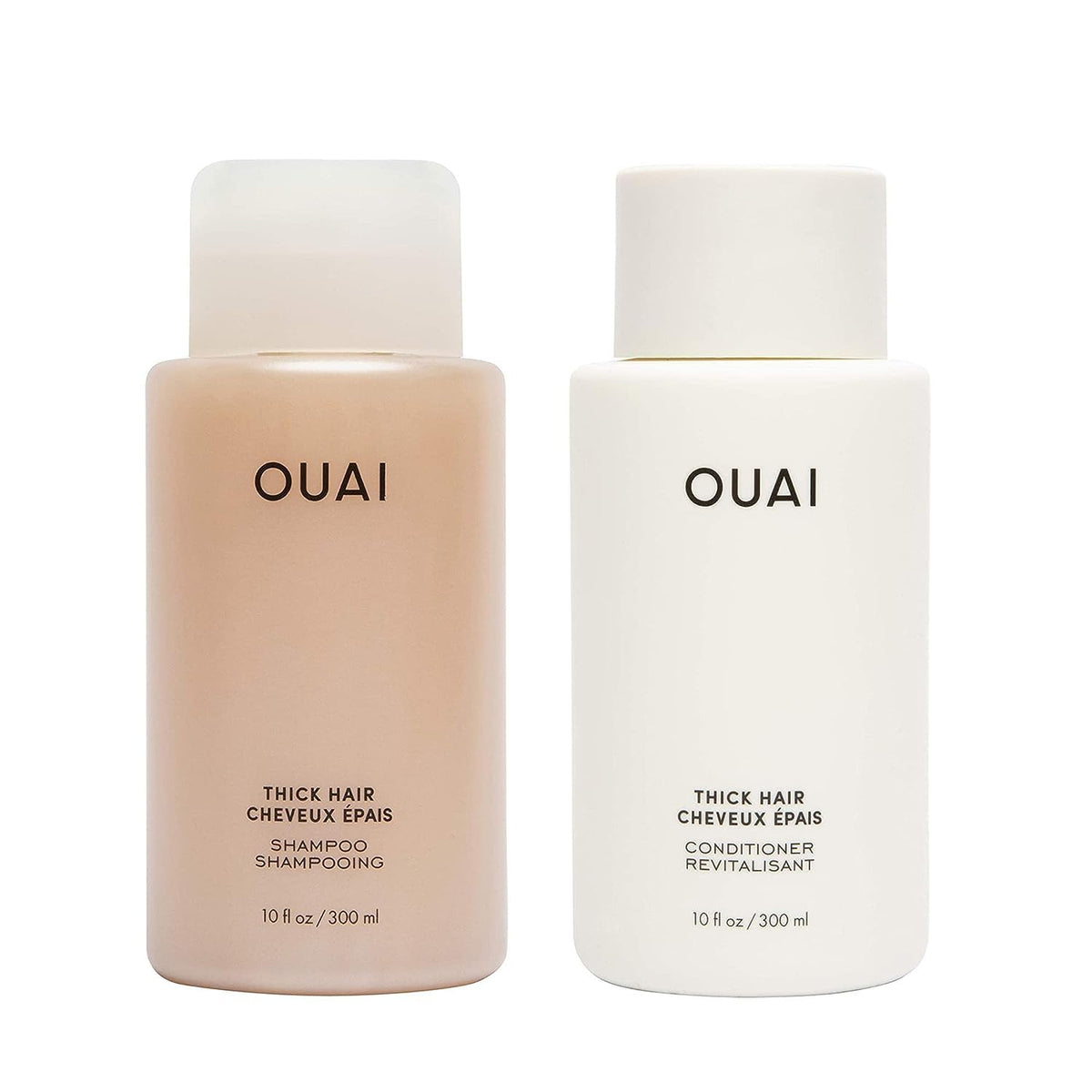 OUAI champú para pelo grueso frente de la botella, hidratación ligera.