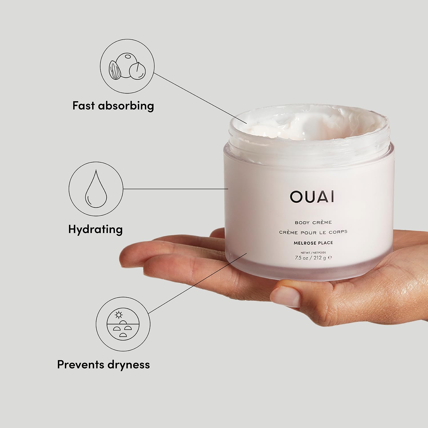 OUAI Melrose Place textura espumosa, sensación ligera que hidrata sin grasa.