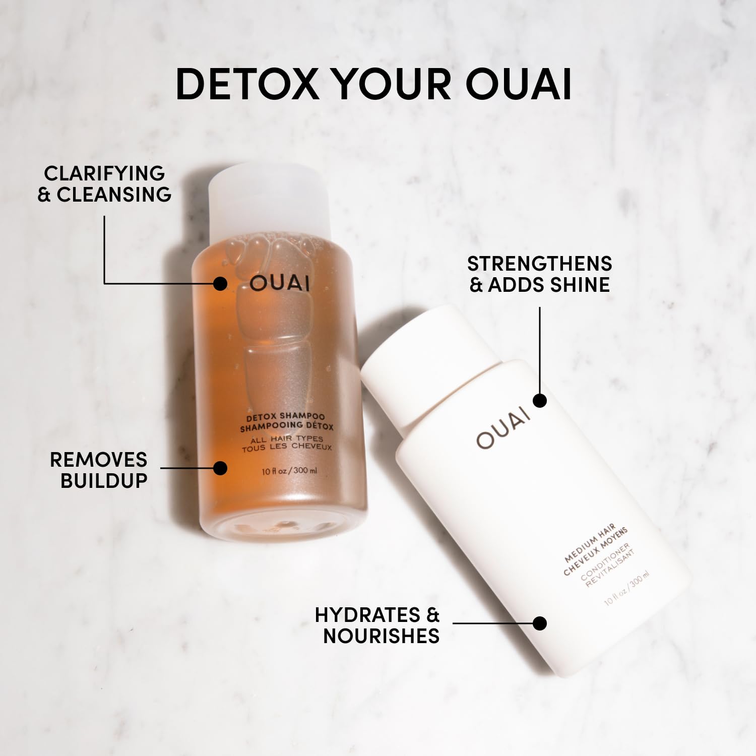 OUAI Detox Après-shampoing moyen, bouteille hydrate les longueurs et facilite le coiffage.