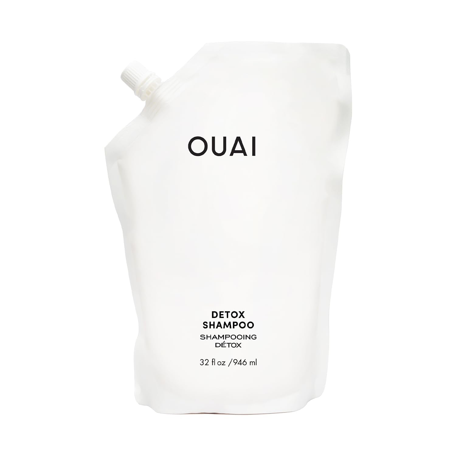 OUAI Detox Shampoo Refill: botella visible, ayuda a eliminar acumulación de producto y aceite.