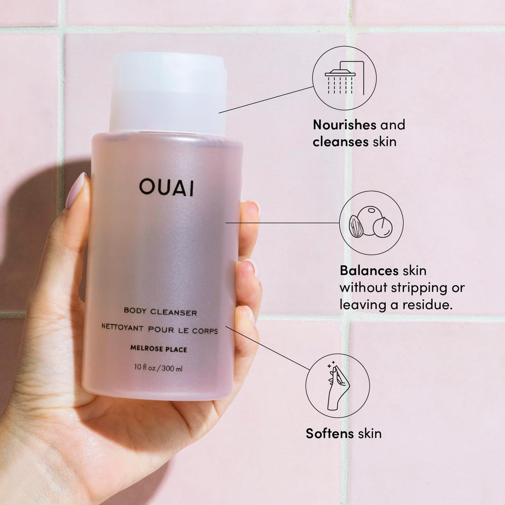 OUAI Douche mousse rose musquée et jojoba, bouteille pour une douceur veloutée.
