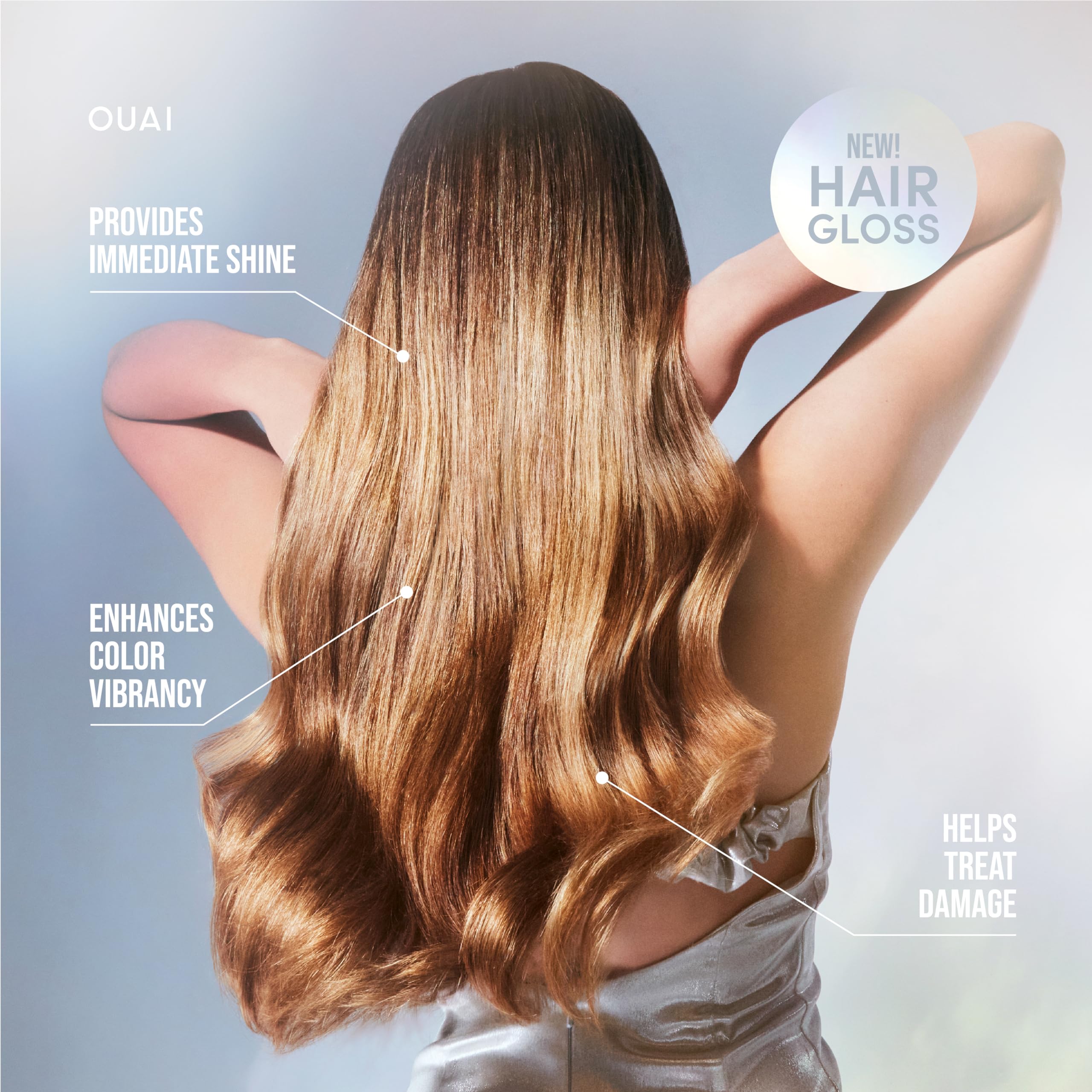 OUAI Hair Gloss se aplica desde mitad a puntas para brillo uniforme.