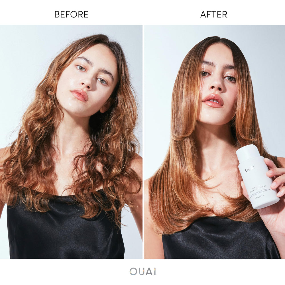 OUAI Hair Gloss con protección térmica para peinar con calor sin preocupaciones.