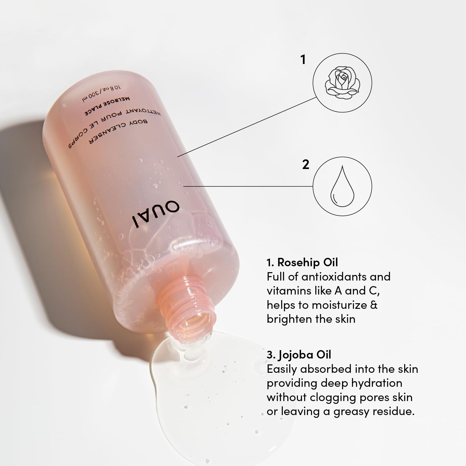 OUAI Huile de rose musquée et jojoba, bouteille qui nourrit sans alourdir.