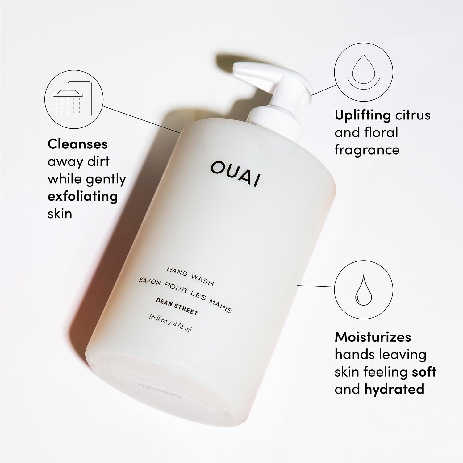 OUAI Jabón con textura exfoliante suave para manos, exfoliación agradable.