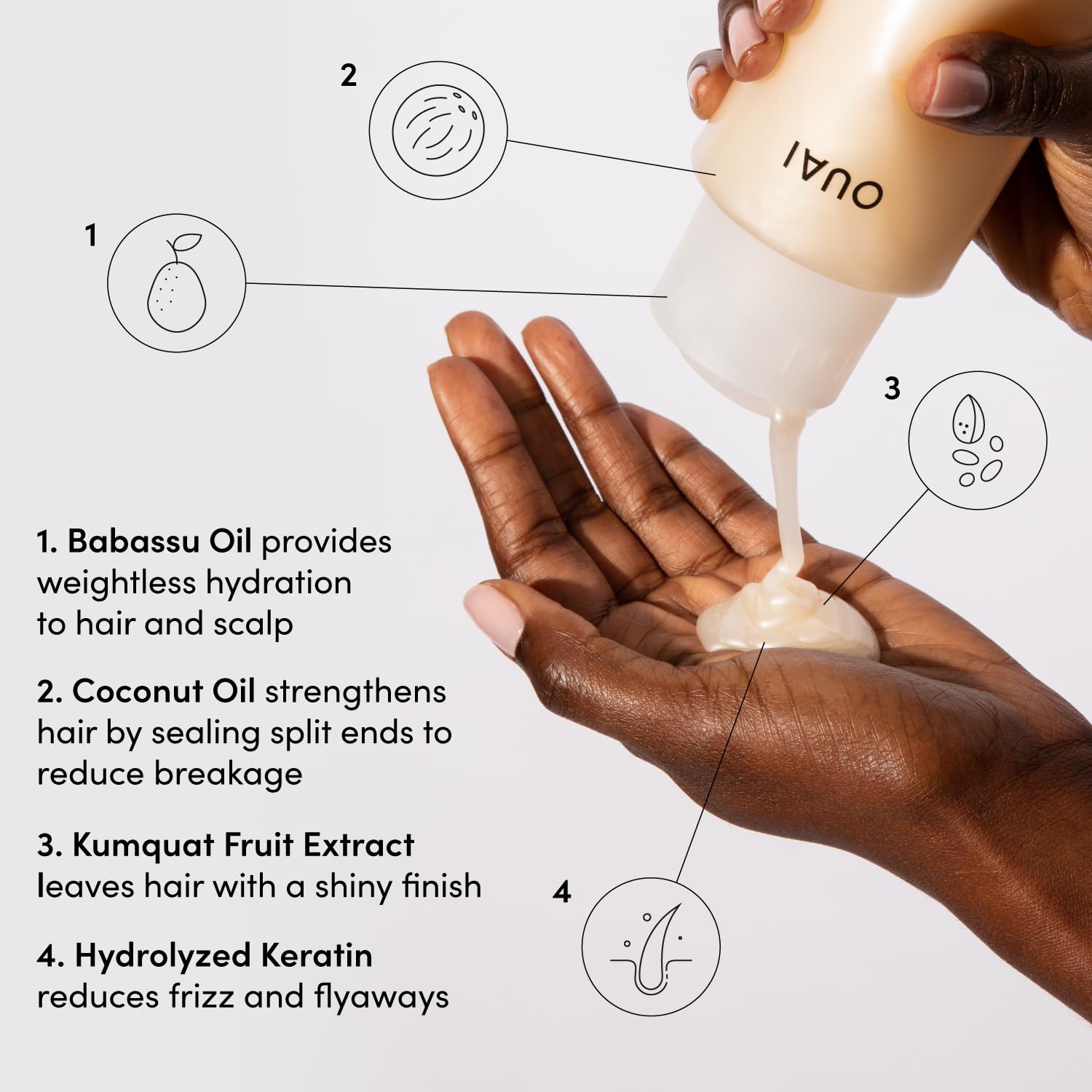 OUAI keratina y kumquat ingredientes, fortalecen y revitalizan cabello medio