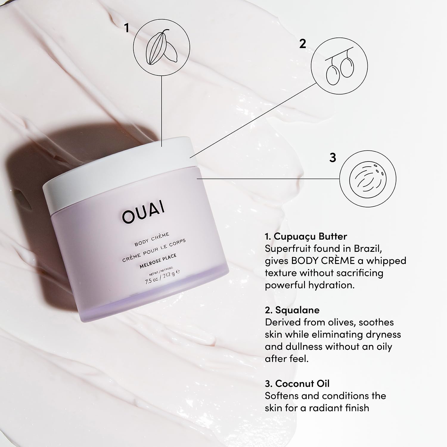 OUAI manteca cupuacu y esqualano con coco, piel suave y nutrida.