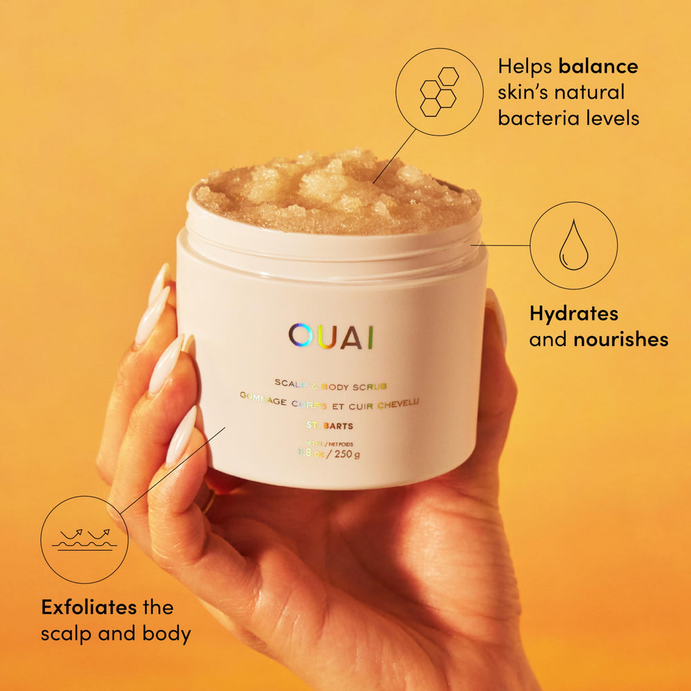 Exfoliante OUAI con textura cremosa para piel y cuero cabelludo limpios.