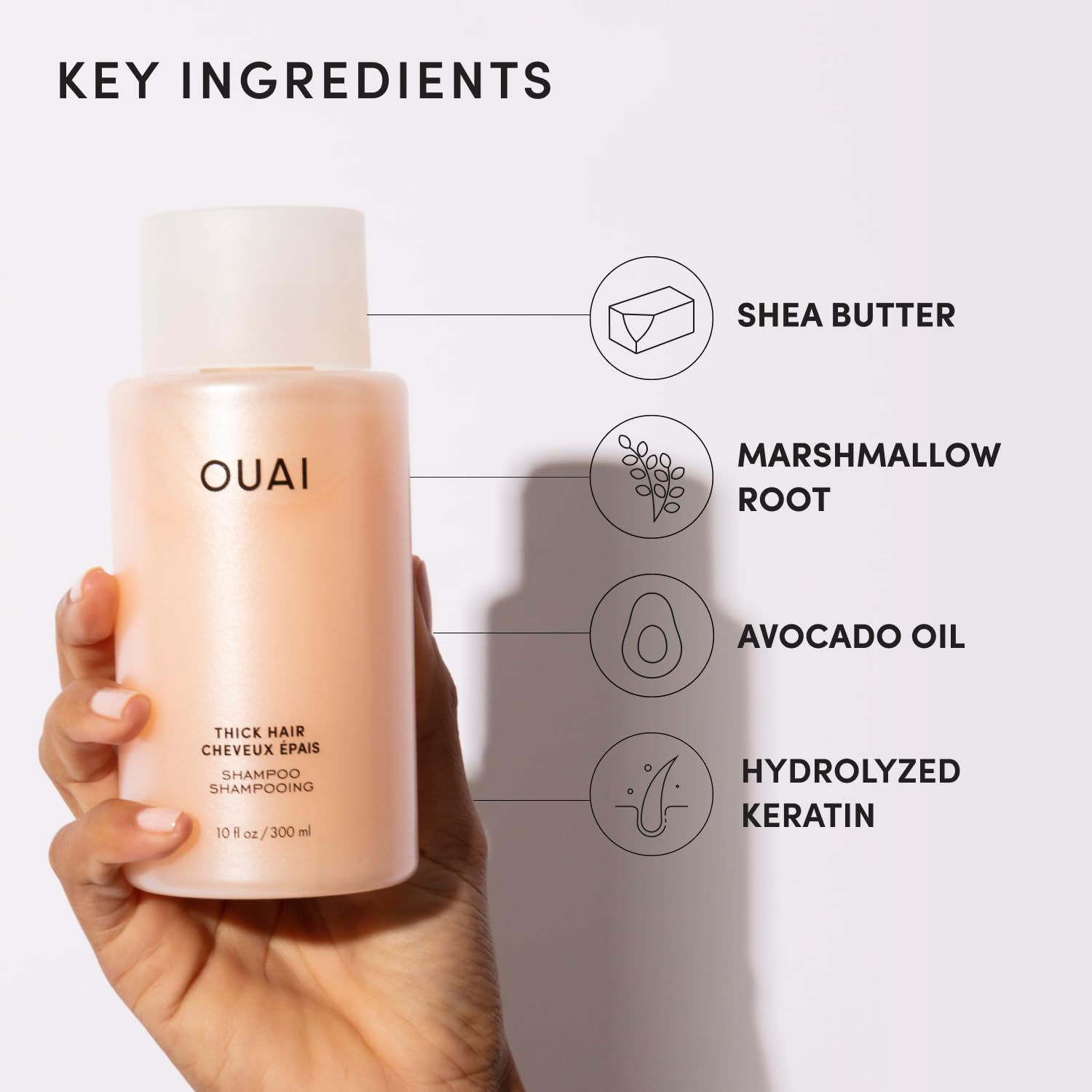 Shampooing OUAI: flacon pratique pour une routine hebdomadaire.