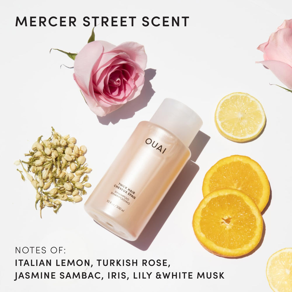 OUAI Thick Shampoo textura cremosa, facilita lavado con hidratación suave.