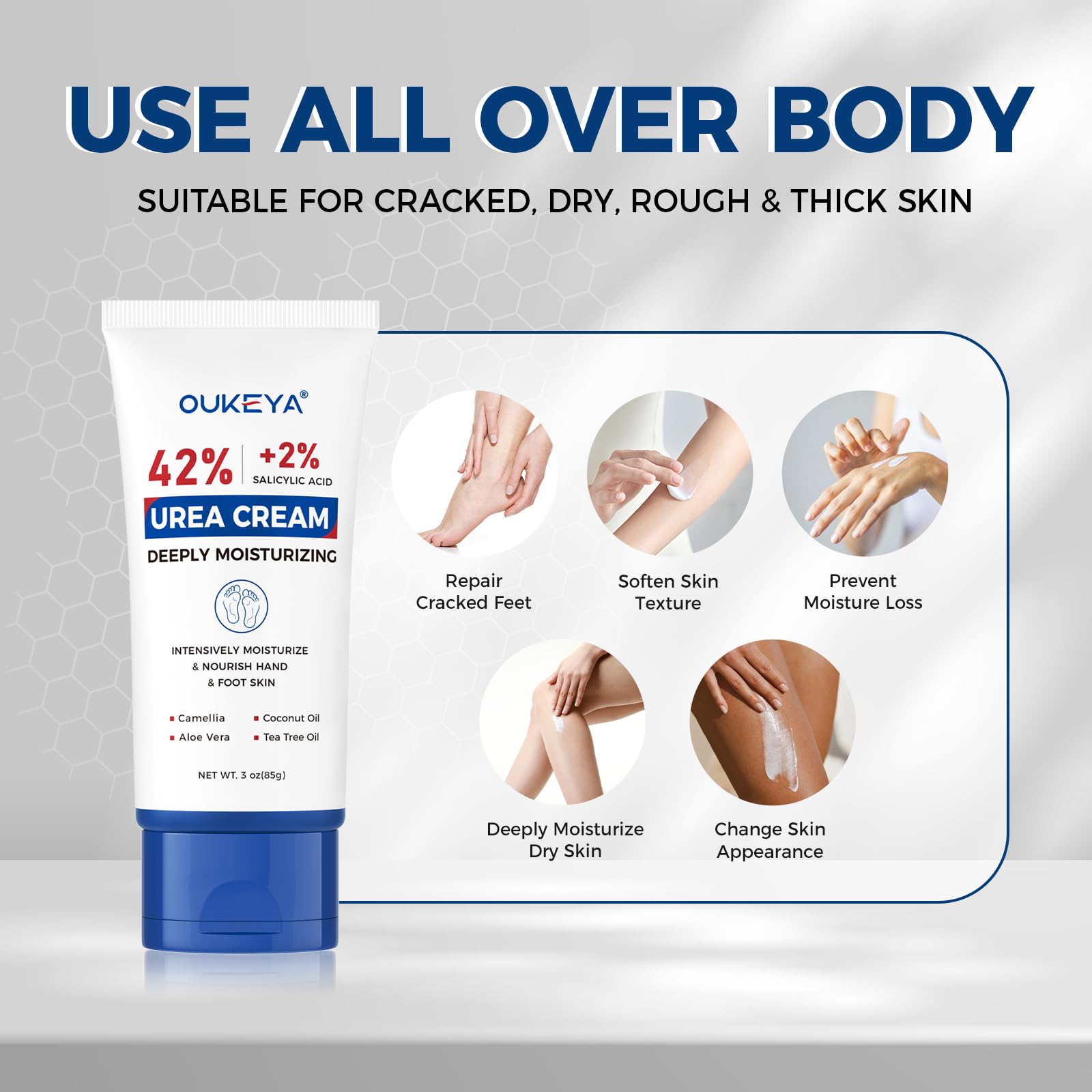 OUKEYA Urea 42% crema, textura de rápida absorción para hidratación instantánea.