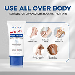 OUKEYA Urea 42% crema, textura de rápida absorción para hidratación instantánea.