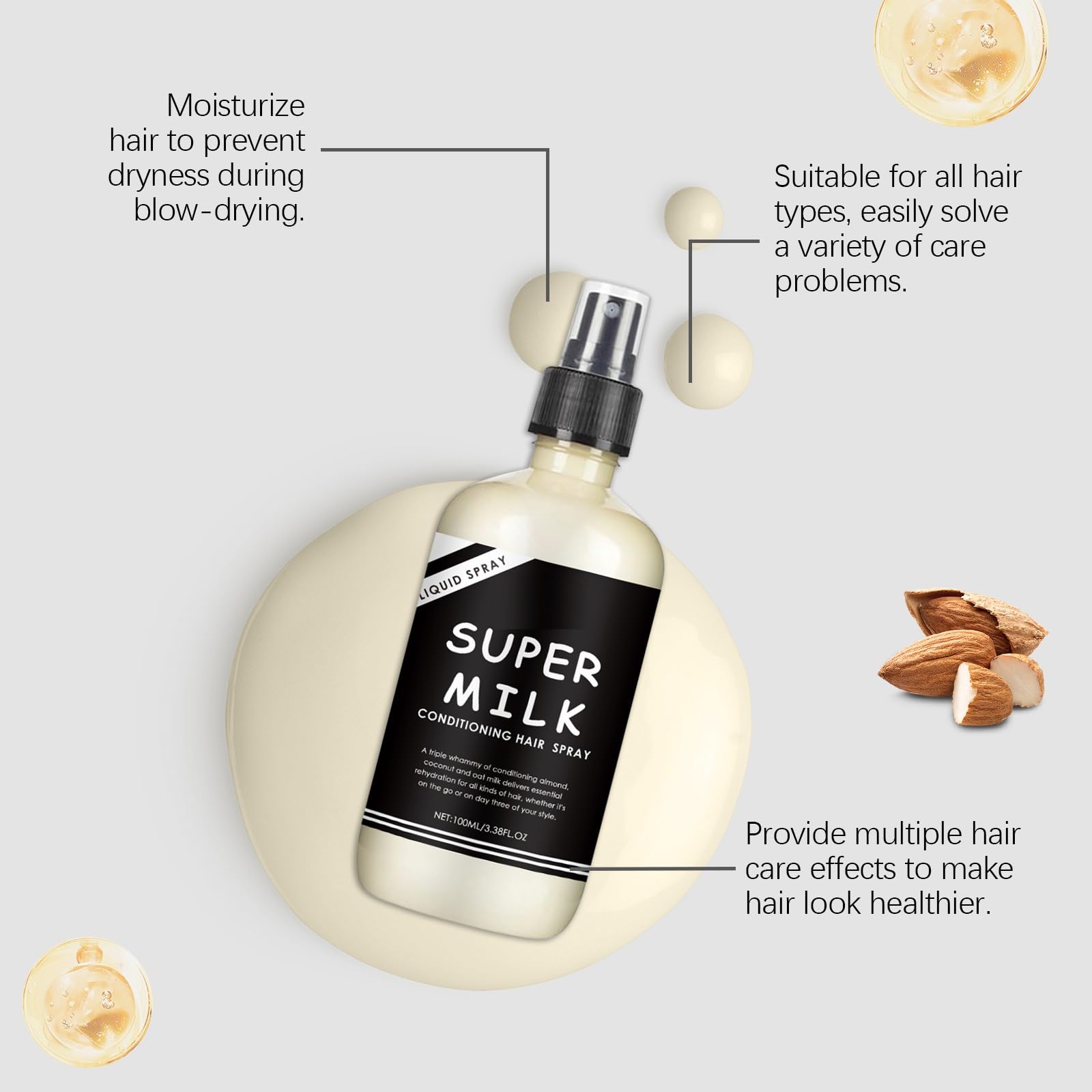 OUKPANE SuperMilk Primer uso en cabello mojado para peinado rápido.