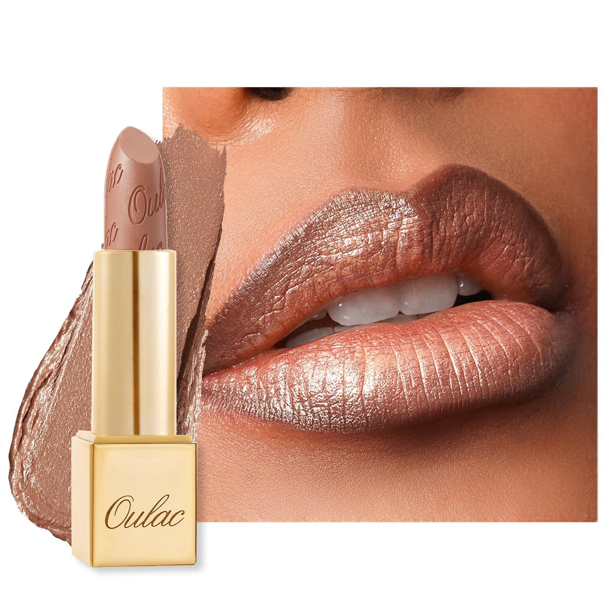 Barra de labios metálica Oulac en tono Sahara dorado para brillo intenso y duradero.