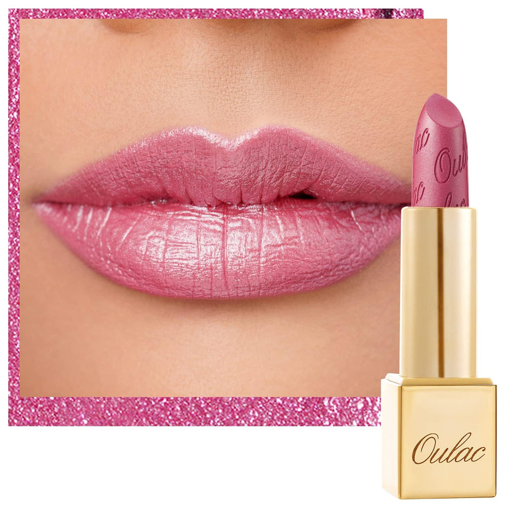 Labial Oulac rosado con brillo metalico y efecto doble para un look versátil.