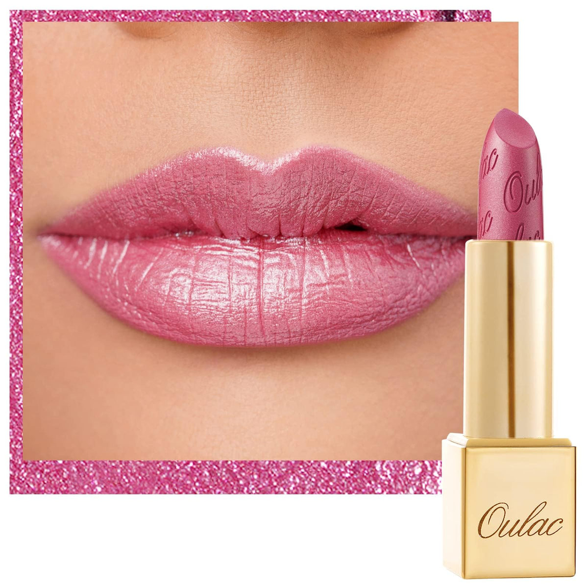 Labial Oulac rosado con brillo metalico y efecto doble para un look versátil.