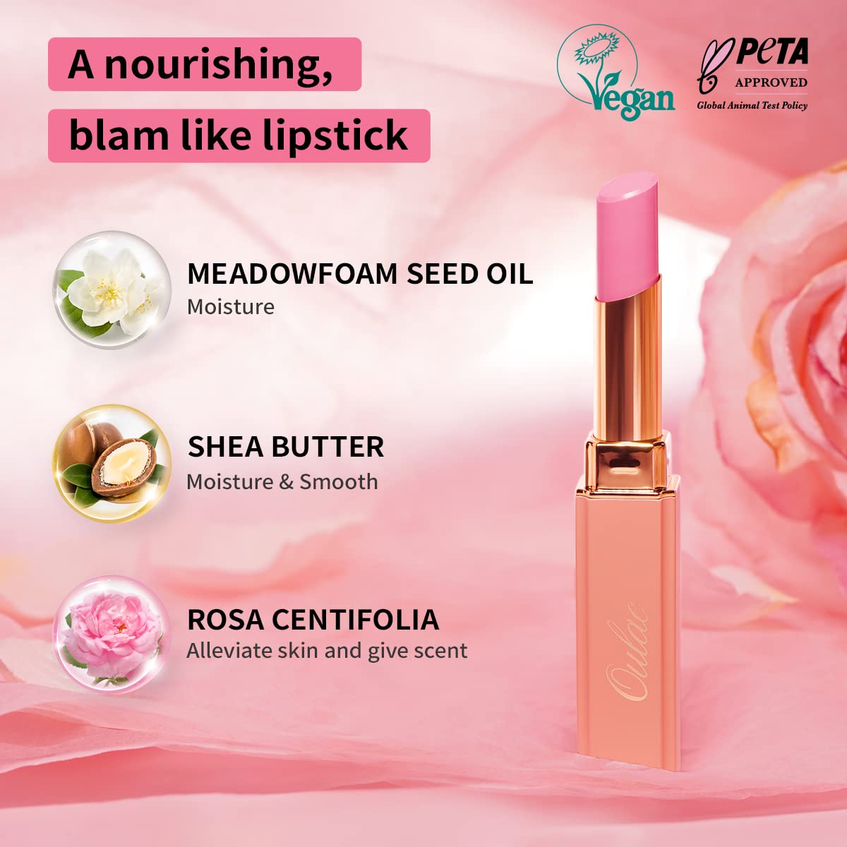 Labial vegano certificado por PETA de Oulac, opción ética.