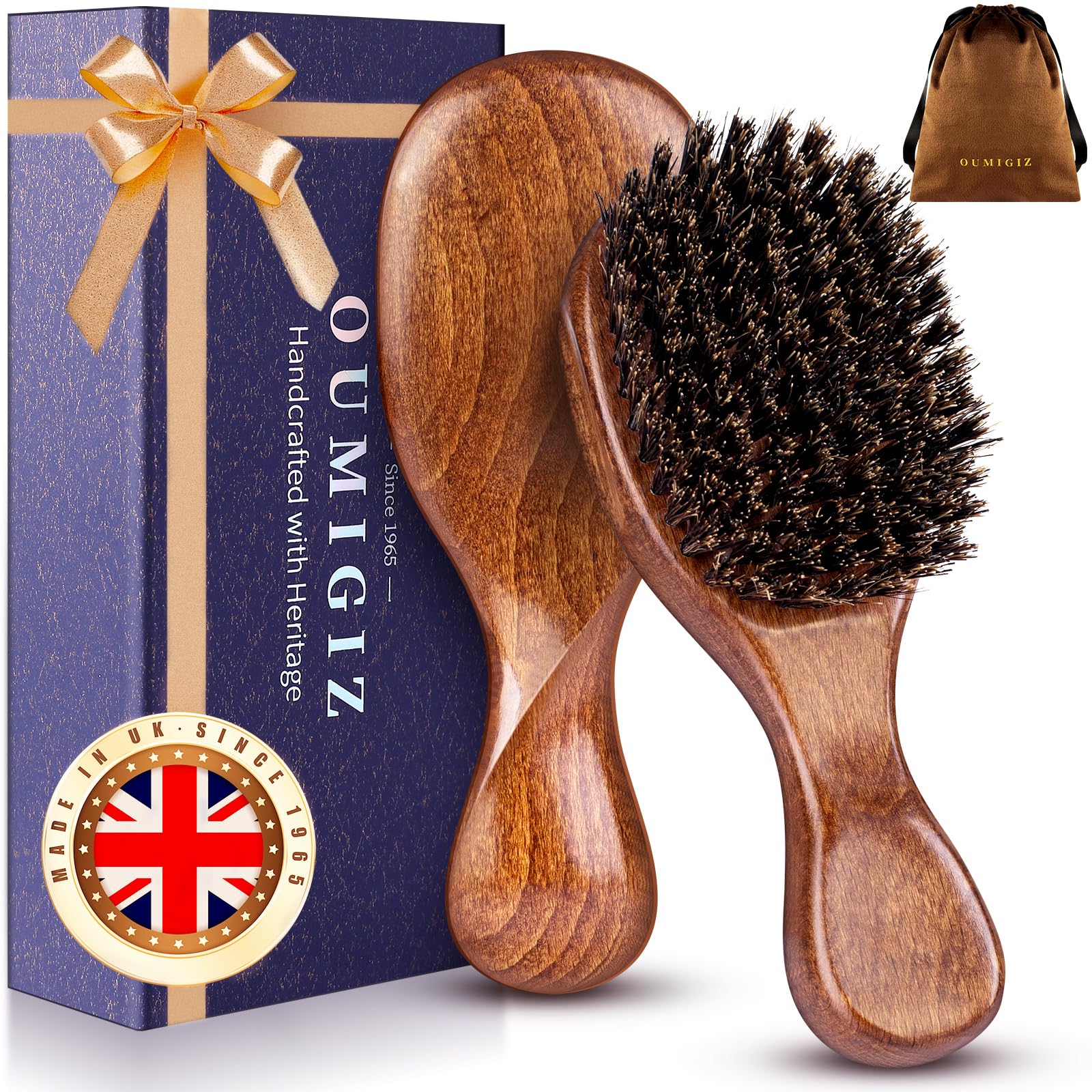 Cepillo OUMIGIZ de pelo de jabali, vista frontal, desenreda suavemente distribuyendo aceites naturales.