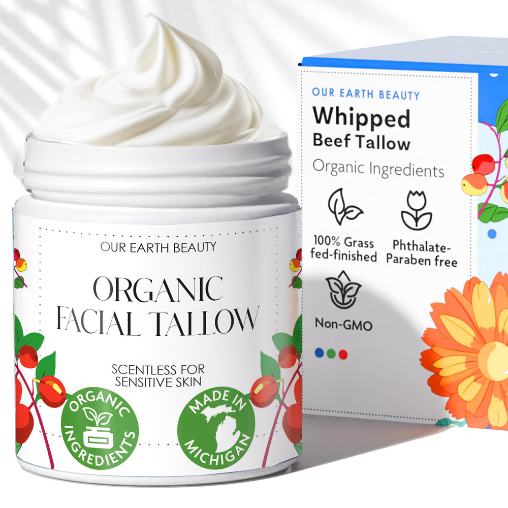 Our Earth Beauty crema de sebo de res facial, textura ligera para piel sensible.