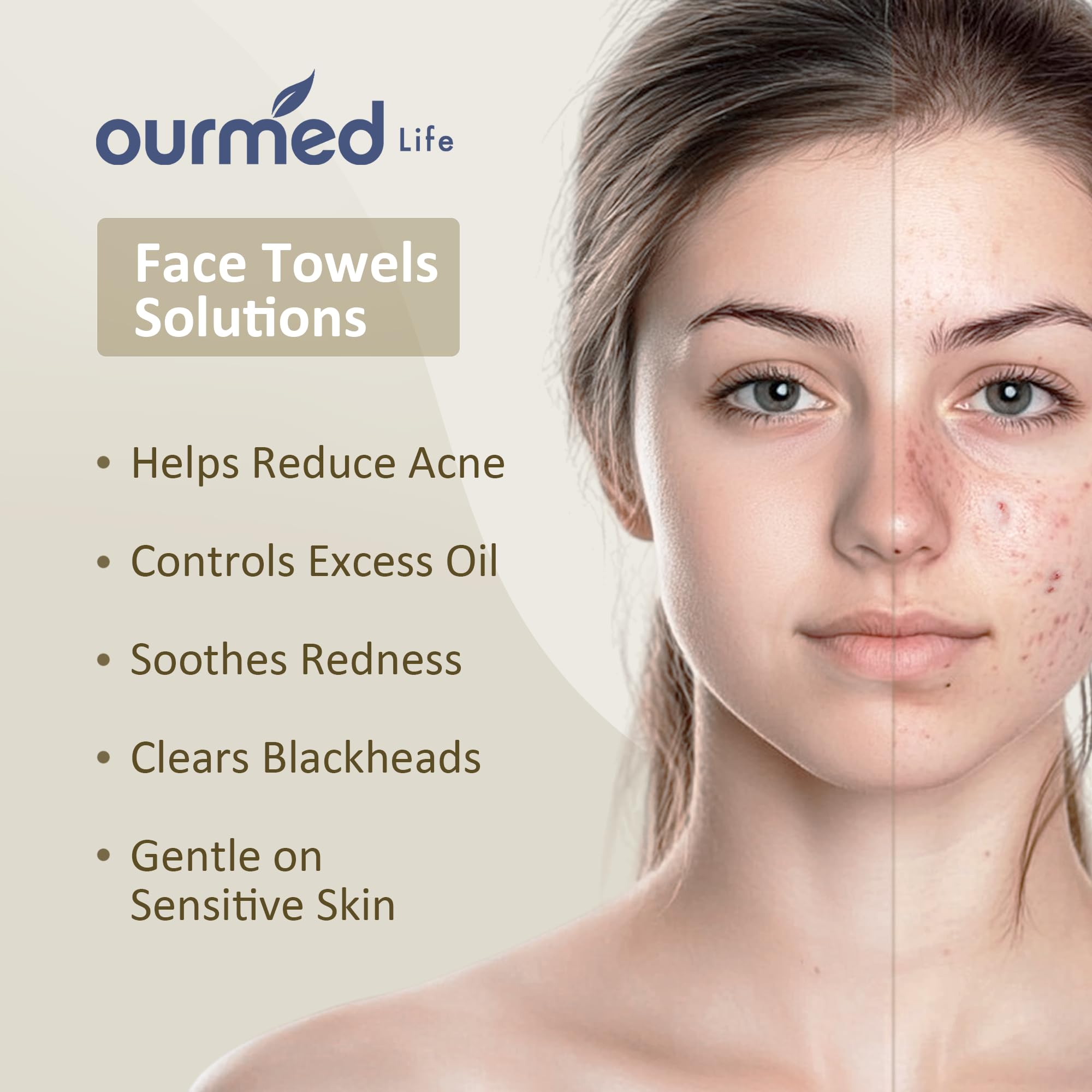 Ourmed Life: piel sensible, toallas suaves para limpieza facial diaria sin irritación.