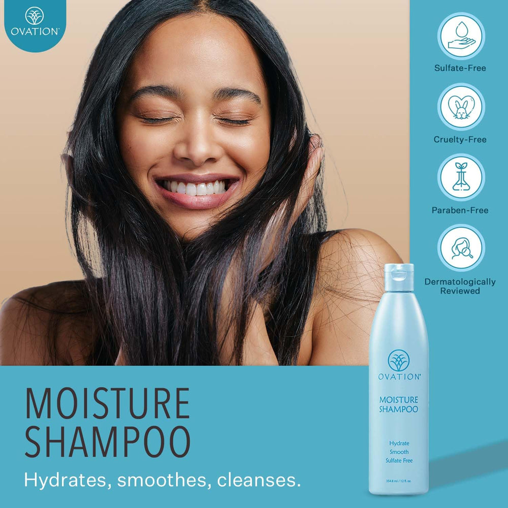 Champú Ovation Hair, ingredientes naturales visibles que promueven hidratación.