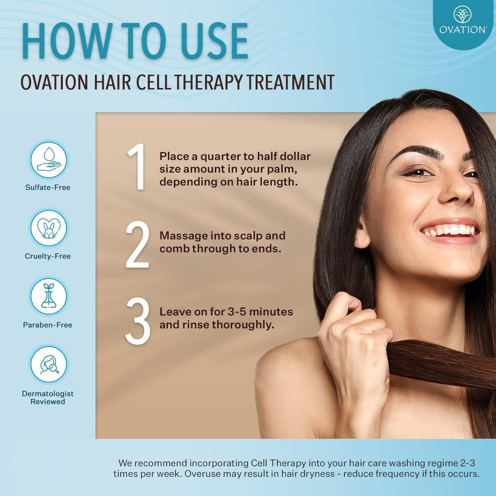 Escena en la ducha con Ovation Hair Therapy y shampoo para mayor volumen.