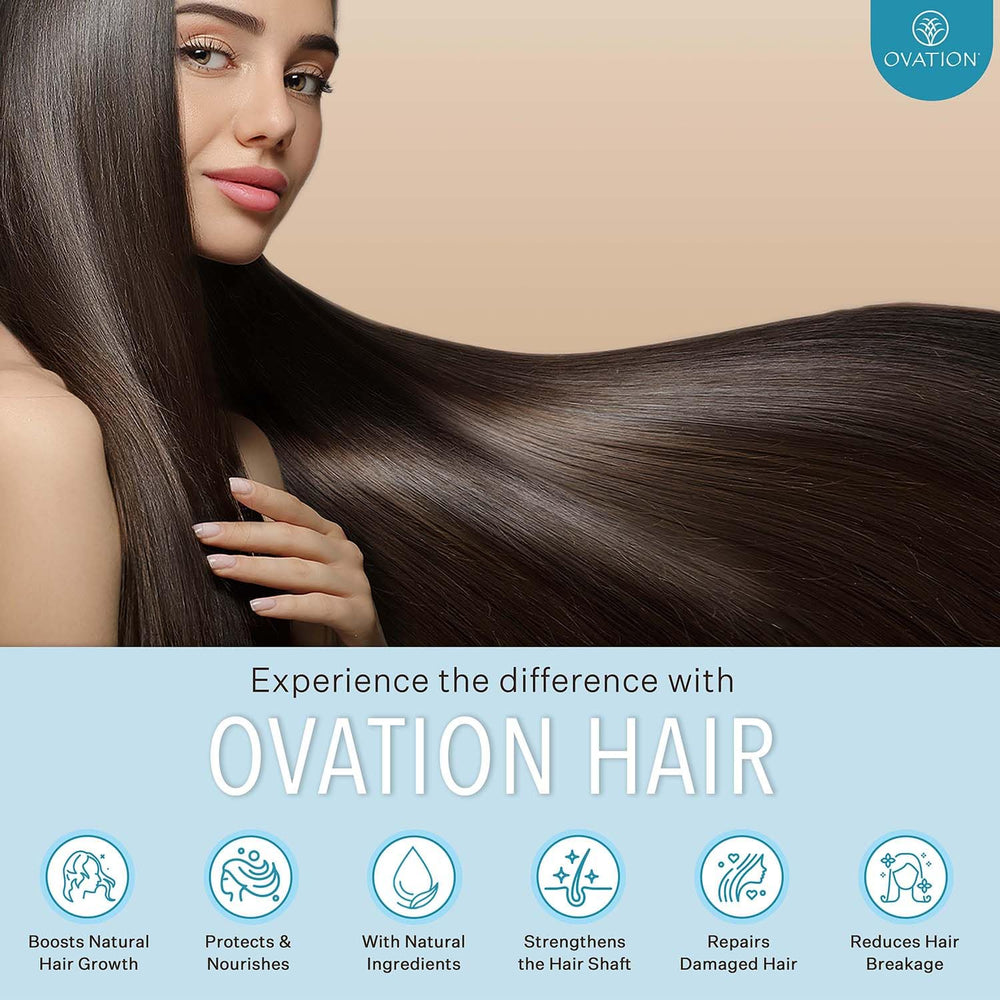 Etiqueta de Ovation Hair Therapy sin sulfatos ni parabenos.