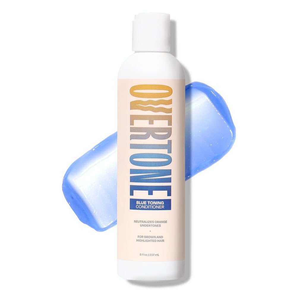 oVertone botella azul, acondicionador para neutralizar tonos cálidos en rubio.
