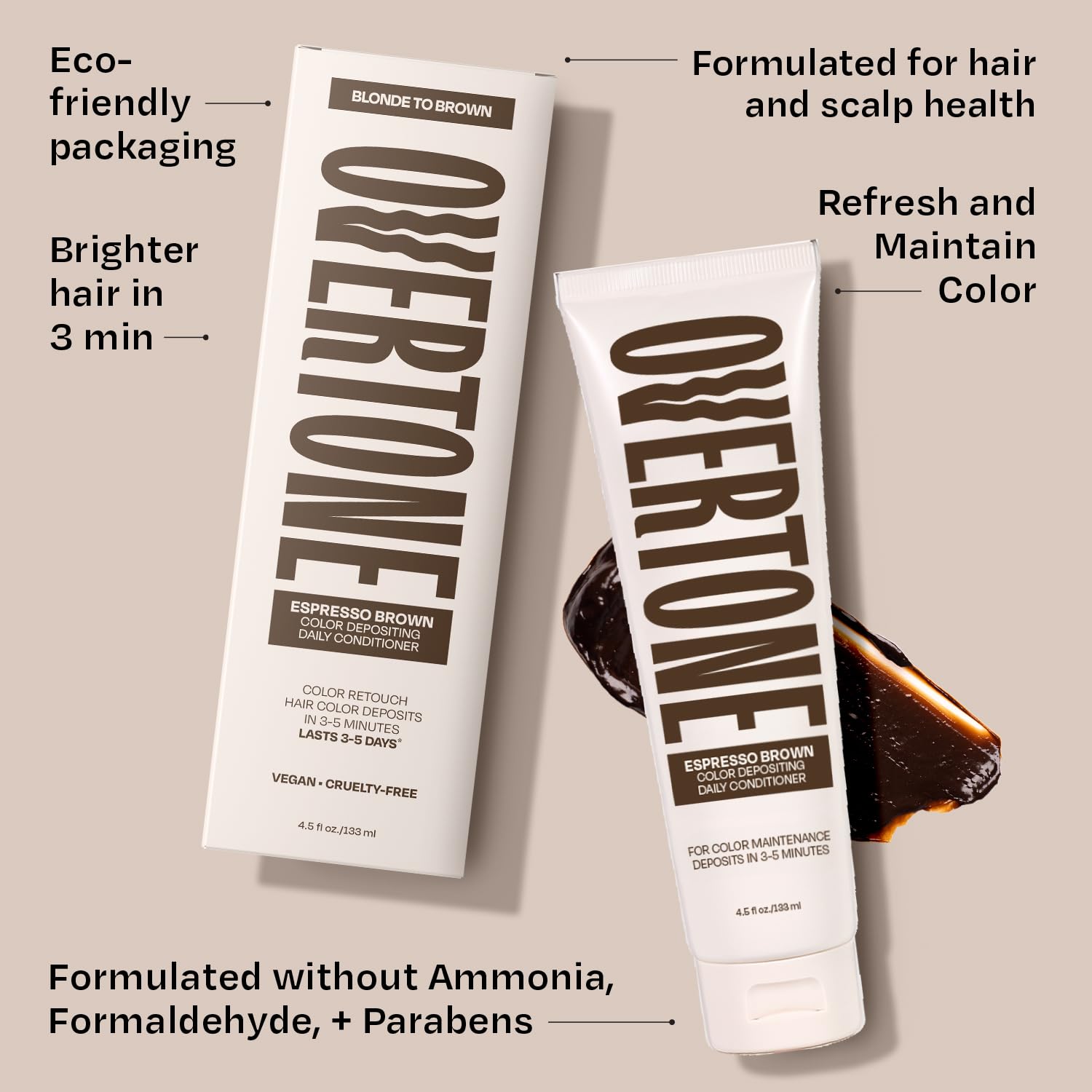 oVertone Marrón Espresso, textura cremosa; acondiciona y facilita peinado