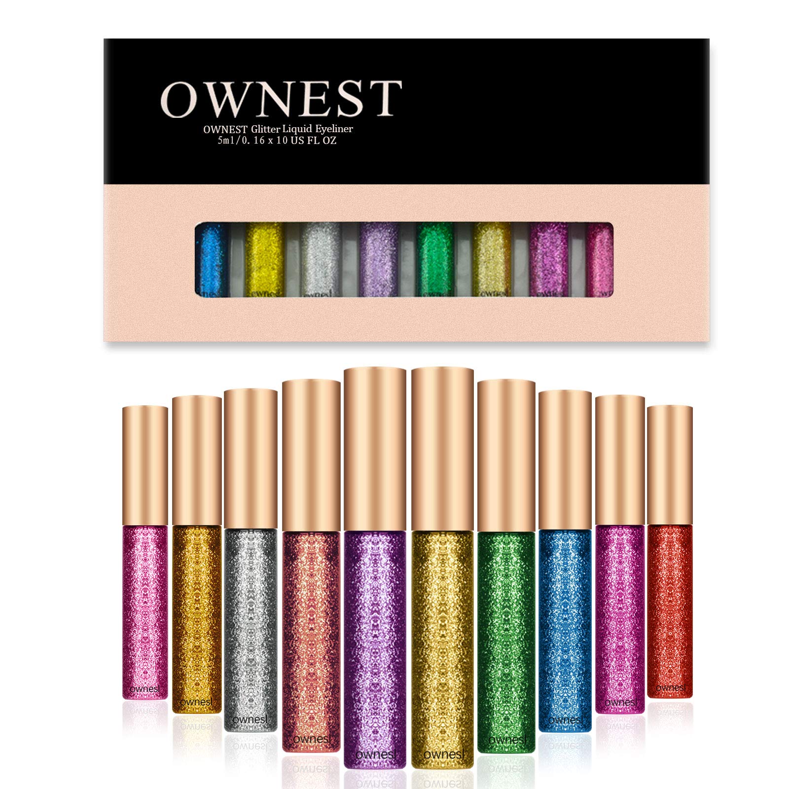 Ownest delineador líquido con brillos rojos para un look intenso y duradero.