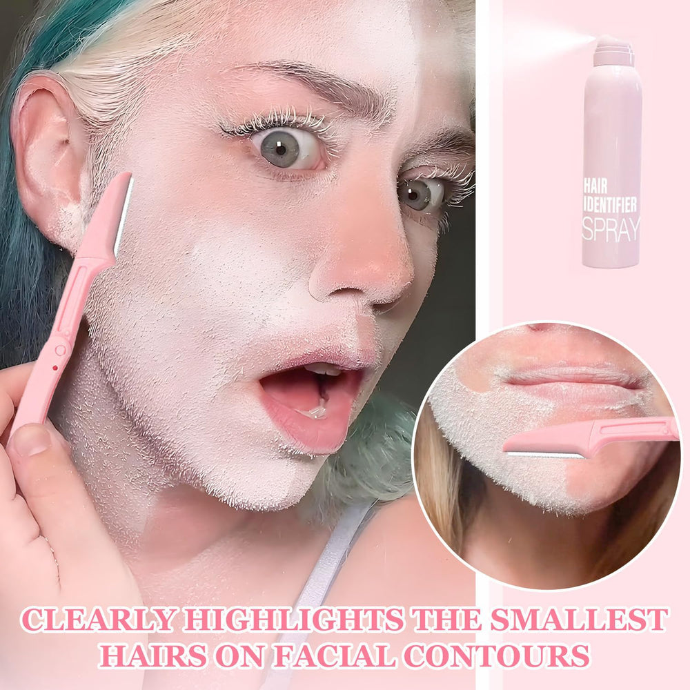 Close-up shows highlighted facial hair with OYB spray for precise shaving.