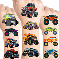 Tatuaje temporal Ozepao de camión monstruo en colores vivos, ideal para fiestas infantiles.