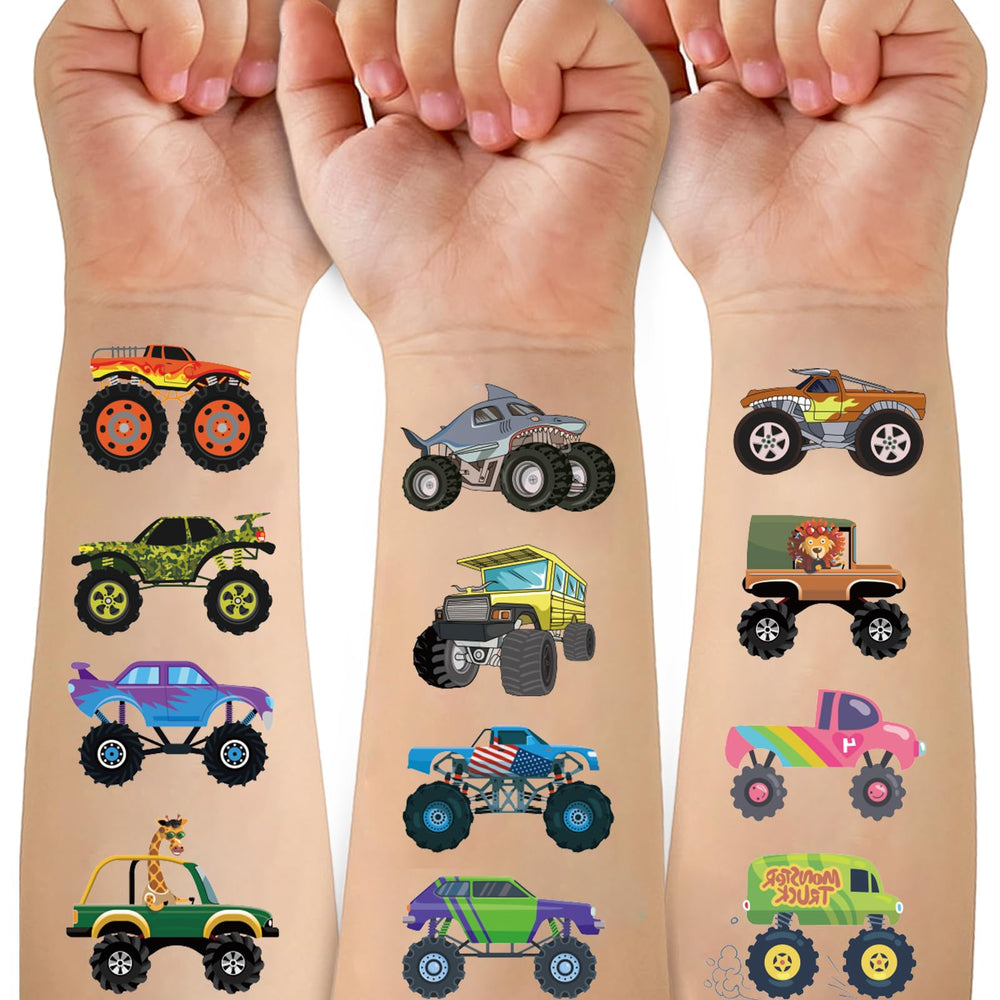 Tatuajes temporales Ozepao Monster Trucks: 10 hojas para fiestas divertidas y seguras.
