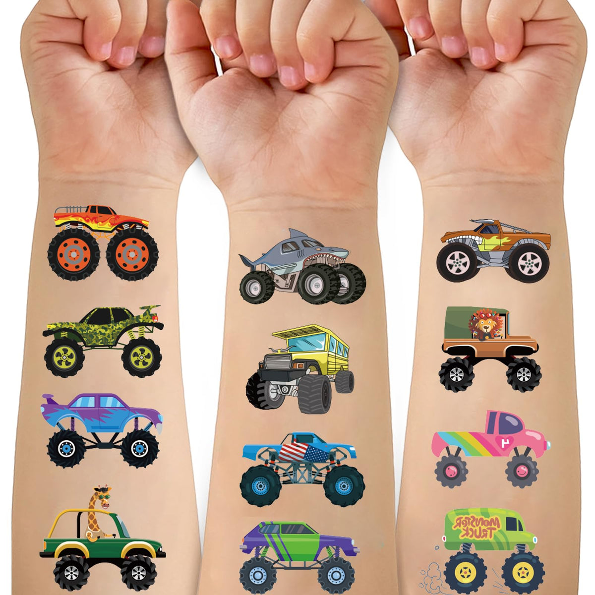 Tatuajes temporales Ozepao Monster Trucks: 10 hojas para fiestas divertidas y seguras.