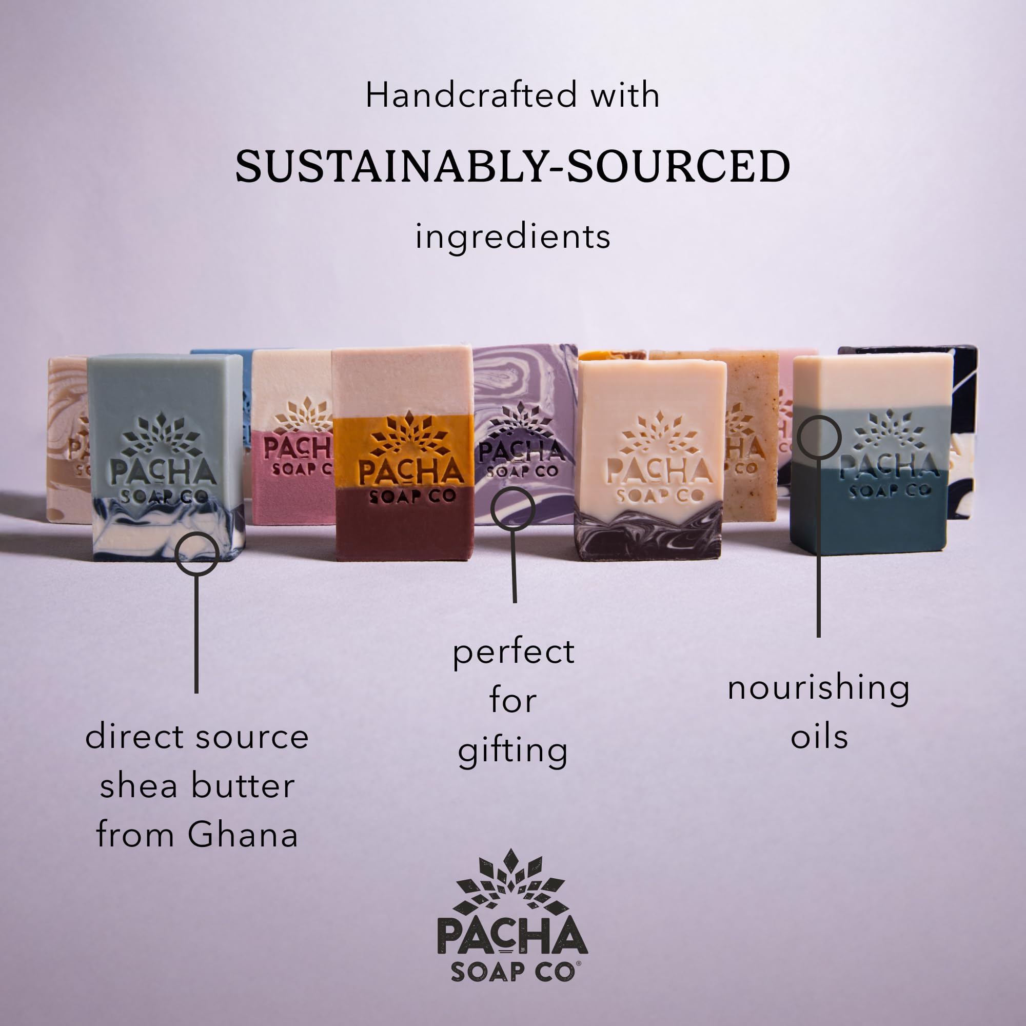 Pacha Soap Co Barras para manos y cuerpo, hidratación ligera.